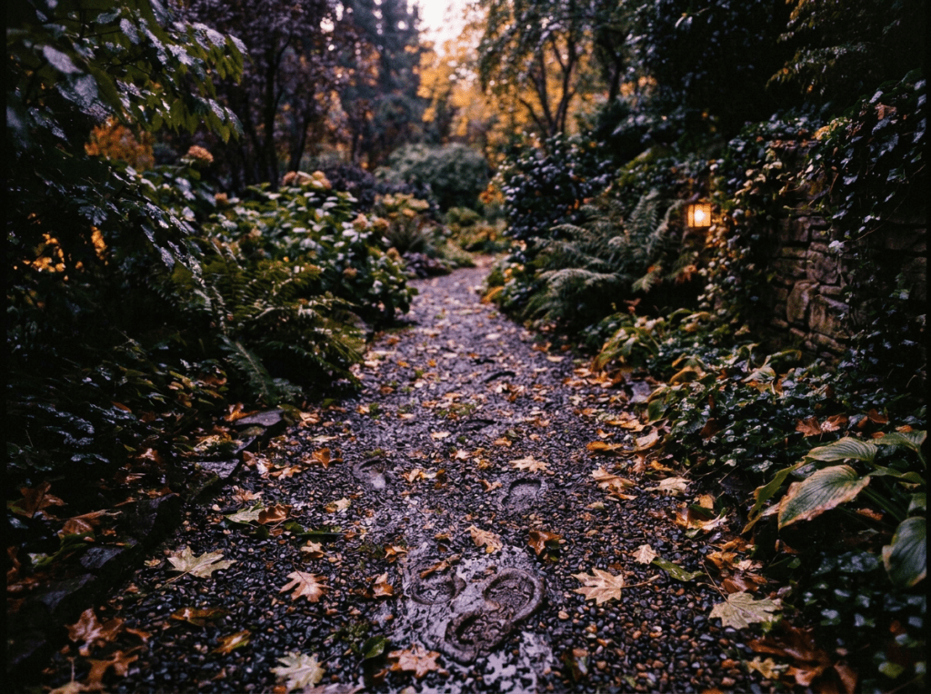 Wet stone path winding through lush woodland plants with a glowing lantern